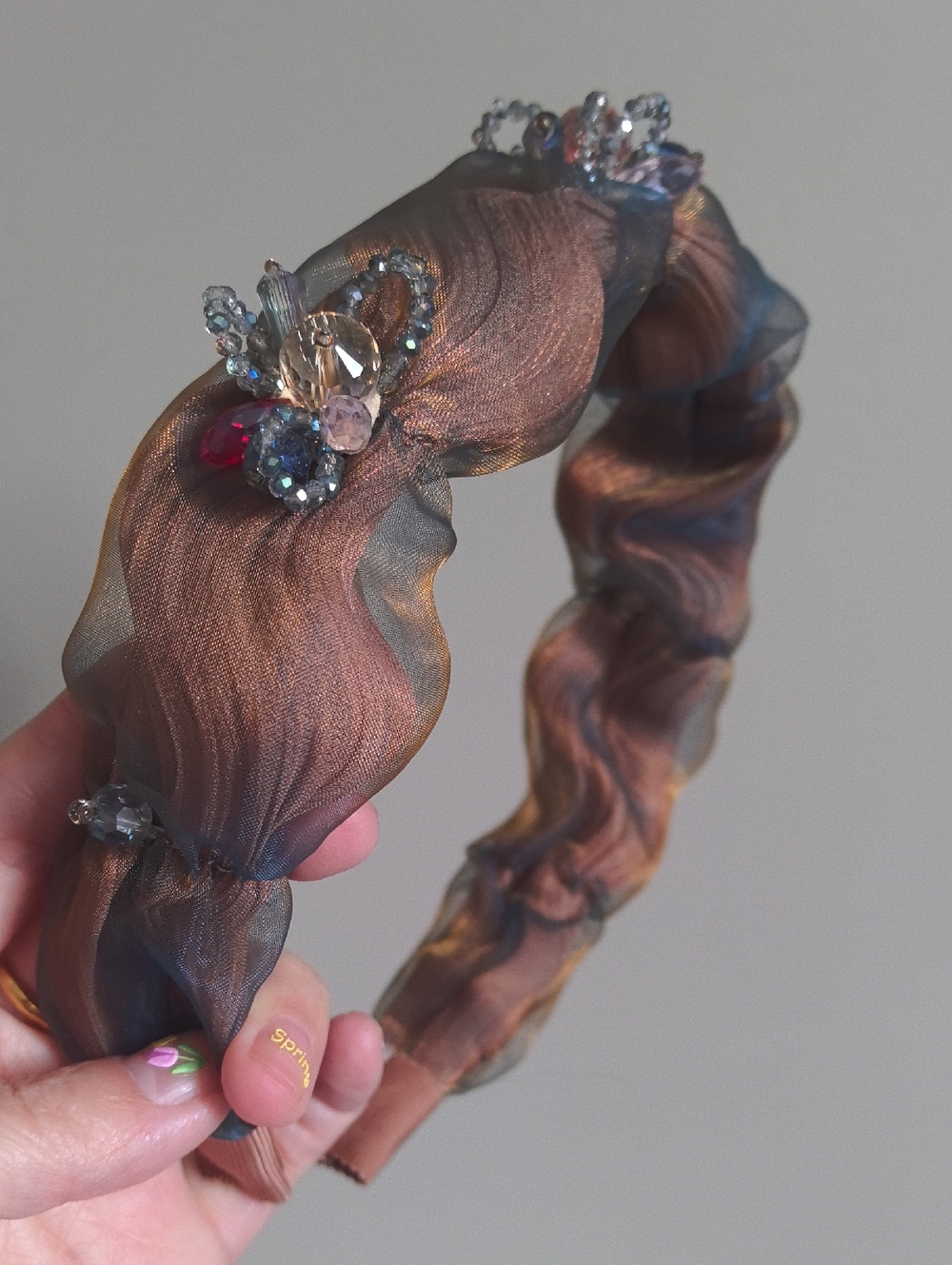 Embellished Sheer Brown Headband with Crystal Accents